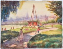 Sostarics Lajos (1896-1968): Budapest, Óbudai Duna-part. Akvarell, papír, jelzés nélkül, 24×32 cm