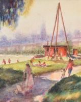 Sostarics Lajos (1896-1968): Budapest, Óbudai Duna-part. Akvarell, papír, jelzés nélkül, 24×32 cm