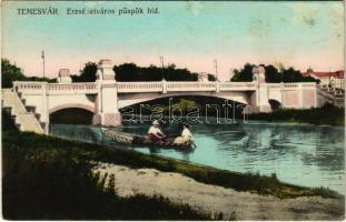 Temesvár, Timisoara; Erzsébetváros, Püspök híd, csónakázók / Elisabetin / bridge, rowing boat (EK)