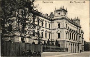 1910 Komárom, Komárno; Kir. Törvényszék. Sipos F. kiadása / court + "WIEN - GYŐR - BUDAPEST 14 D" vasúti mozgóposta bélyegző + "KOMÁROM P.U." pályaudvari pecsét