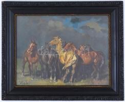 Viski jelzéssel: Lovak. Olaj, vászon, 29,5x39 cm, üvegezett fa keretben