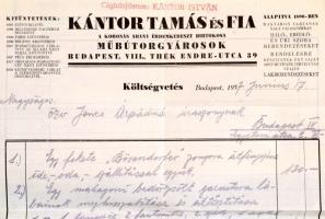 1937 Kántor Tamás és fia műbútorgyárosok, különböző iratok: 2 db költségvetés, 1 db számla 50 fillér...