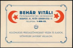 cca 1940 Behár Vitáli perzsaszőnyeg kereskedő, Bp., Petőfi Sándor u. 17, illusztrált szórólap, hátoldalán kézzel írt árajánlattal, hajtásnyommal
