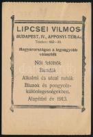cca 1940 Lipcsei Vilmos női ruházat , Bp., Apponyi-tér 4., fejléces jegyzék, hátoldalán reklám, hajtásnyommal