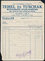 1937 Tehel és Tuschák Budapesti Paplanipar, VIII. Gyulai Pál ucca 16., fejléces jegyzék a cég bélyegzőjével, hajtásnyommal, kis szakadással