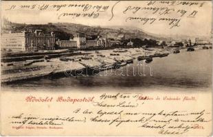 1900 Budapest II. Lukács és Császár fürdő, Dunapart, rakpart hajórakomány pakolás közben, lovaskocsik