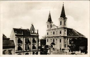 1933 Zalaegerszeg, Római katolikus plébánia templom és városháza, Heincz Károly üzlete, Zrínyi Nyomdaipar és Könyvkereskedés rt. üzlete. Weinstock E. 351. + ZALAEGERSZEG PU.