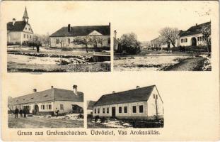 1921 Árokszállás, Vasárokszállás, Grafenschachen; Fő tér, templom télen, község részletek / main square, church in winter