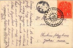 Beregszász, Beregovo, Berehove; Attila utca, templom, Állami borpince / street view, church, wine ce...