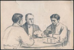 Honti Nándor (1878-1961): Nagyváradi kávéházi kártyázók. Nevesített rajz (Kardos, Gyárfás, Sarkadi). Ceruza, papír. Jelzett. Beszakadással. 17x25 cm