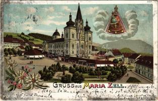 1901 Mariazell, main square, pilgrimage church. Franz Schemm Kunstanstalt 2657. Art Nouveau, floral, litho (Rb)