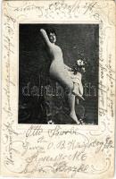 1901 Erotic nude lady with flowers. Emb. Art Nouveau frame (EK)