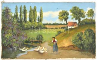 DOS 85 jelzéssel: Libaetetés. Olaj, vászon, széleinél enyhén sérült, 30x50 cm