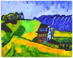 Jelzés nélkül: Ház a domb alján. Akril, vászon, 23,5x30 cm