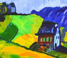 Jelzés nélkül: Ház a domb alján. Akril, vászon, 23,5x30 cm