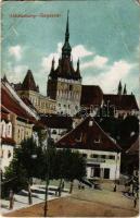 1918 Segesvár, Schässburg, Sighisoara;  Óratorony, Kerületi Munkásbiztosító Pénztár, Girscht üzlete / clock tower, insurance bank, shops (EB)