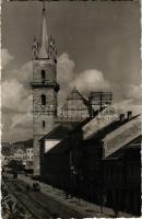 1940 Beszterce, Bistritz, Bistrita; Evangélikus templom, Besztercei sör reklámja, üzlet / Lutheran church, beer advertisement, shop. photo + 1940 Szászrégen visszatért So. Stpl.