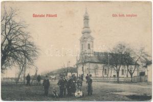 1909 Temesfüves, Fibis; Görögkatolikus templom, utcakép csendőrökkel / Greek Catholic church, street view, gendarmes (ázott / wet damage)