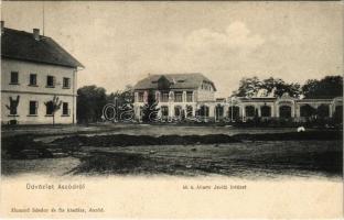 1906 Aszód, M. kir. Állami Javítóintézet + KASSA - BUDAPEST 9. SZ. vasúti mozgóposta bélyegző
