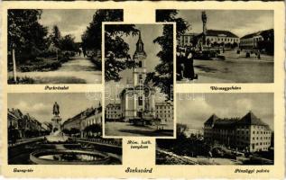 1941 Szekszárd, Park, Római katolikus templom, Vármegyeháza, Garay tér, Pénzügyi palota, piac + BÁTASZÉK - SÁRBOGÁRD 136 vasúti mozgóposta bélyegző (EK)