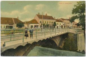 1910 Kapuvár, Fő tér, Rába híd, Rosenberger József üzlete. Buxbaum József kiadása (ázott sarkak / wet corners)