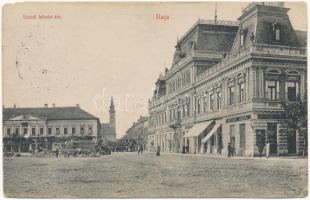 1912 Baja, Szent István tér, Mittler Izidor üzlete, Városháza (lyukak / pinholes)