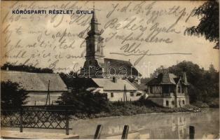 1915 Gyula, Körös-parti részlet, Római katolikus templom, nyaraló, villa. Dobay János kiadása (EK)