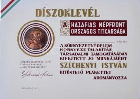 ~1970. "Hazafias Népfront Országos Titkársága" kitöltetlen díszoklevél "A környezetvédelem, környezetalakítás társadalmi támogatásában kifejtett jó munkájáért Széchenyi István kitüntető plakettet adományozza" (330x280mm), gr. Széchenyi István Br lemezéremmel (55mm) T:1 (lemezérem),I- (díszoklevél)