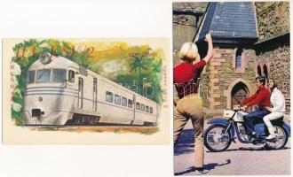 20 db MODERN motívum képeslap: , repülők, hajók, vonat, villamos, motorkerékpár / 20 modern motive p...