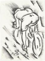 MCP jelzéssel: Kerékpáros. Szén, papír. 40,5x29,5 cm