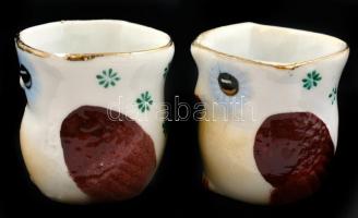 Baglyos porcelán só- és borstartó, kézzel festett, jelzés nélkül, kis hibával, m: 4,5 cm