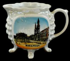 Budapest mintás, kézzel festett és matricás jelzetlen porcelán kiöntő, koszos, kopottas állapotban, 7 cm