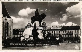 Kolozsvár, Cluj; Mátyás király szobor / monument, statue of Matthias Corvinus, Mathias Rex + 1941 BESZTERCE - BUDAPEST 302 B vasúti mozgóposta bélyegző