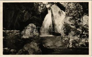 1944 Gyergyószentmiklós, Gheorgheni; Gyilkos-tó környéke, vízesés a Békás-szorosban. Ambrus foto / Lacul Rosu (Ghilcos), Cheile Bicazului / waterfall near the lake + GYERGYÓSZENTMIKLÓS P.U. LEVÉLSZEKRÉNYBŐL
