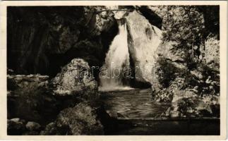 1944 Gyergyószentmiklós, Gheorgheni; Gyilkos-tó környéke, vízesés a Békás-szorosban. Ambrus foto / Lacul Rosu (Ghilcos), Cheile Bicazului / waterfall near the lake + "GYERGYÓSZENTMIKLÓS P.U. LEVÉLSZEKRÉNYBŐL"