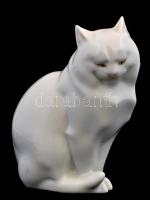 Herendi porcelán macska, fehér mázas, kézzel festett szemekkel, jelzett, hibátlan, m: 11,5 cm