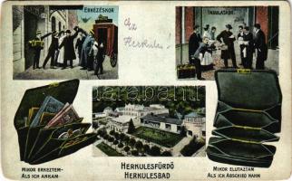 1917 Herkulesfürdő, Herkulesbad, Baile Herculane; Érkezéskor és induláskor, humoros lap pénztárcával / On arrival and departure, humour with wallets + "K.u.K. Briefzensurstelle Temesvár" (EM)