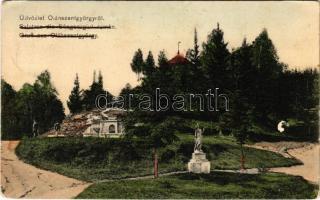 1910 Oláhszentgyörgy, Sangeorgiul Roman, Sangeorz-Bai; gyógyforrás / spa, spring source + ÓRADNA - BETLEN 404 vasúti mozgóposta bélyegző (EK)
