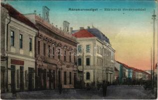 1915 Máramarossziget, Sighetu Marmatiei; Rákóczi út, Törvényszék, Dávidovits üzlete / street view, court, shops (EK)