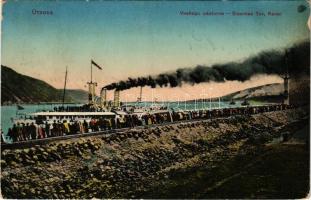 1912 Orsova, Vaskapu csatorna, gőzhajó, tömeg / Eisernes Tor, Kanal / canal, steamship, crowd + "ORSOVA - BUDAPEST 76. SZ. A" vasúti mozgóposta bélyegző (EK)