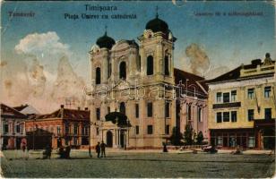 1924 Temesvár, Timisoara; Piata Unirei cu catedrala / Losonczy tér a Székesegyházzal, Eberhard üzlete / square, cathedral, shops (fl)