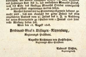 1808 Bécs, Gróf Kissingen-Nippenburg Ferdinánd által kiadott körlevél az új bankók forgalomba helyez...