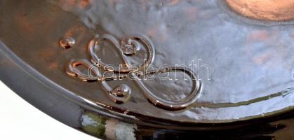 Jelzett mázas kerámia füles kínáló / reggeliző tálca, máz alatti repedésekkel, d: 37 cm