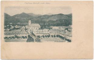 1899 Nagybánya, Baia Mare; Fő tér északi oldala, templom, üzletek. Divald / main square, church, shops (r)