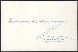 Dr. Schultheisz Emil egészségügyi miniszter aláírása üdvözlőkártyán