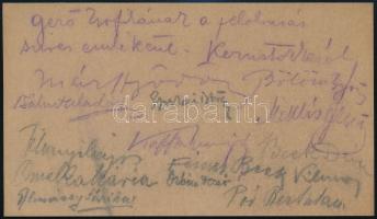cca 1910-18 A XX. század elejének kiemelkedő festőművészei és írói által aláírt névjegykártya Kernstok Károly (1873-1940) névjegykártyáján, saját kezű köszönő soraival: Gerő Zsófikának a felolvasás szíves emlékéül Kernstok mellett a Nyolcak művészcsoport négy további tagjának aláírásaival: Márffy Ödön, Tihanyi Lajos, Pór Bertalan, orbán Dezső, valamint Bölöni György, Bálint Aladár, Gyulai István, Kaffka Margit, Beck Dénes, Fémes Beck Vilmos, felesége Omelka Mária, Almásy József saját kezű aláírásával.  Gerő Zsófia (1895-1966) Gerő Ödön (1863-1939) irodalmi és művészeti kritikus lánya volt. Proveniencia: Gerő Zsófia (1895-1966) hagyatékából.