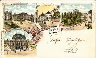 1897 (Vorläufer!) Zagreb, Zágráb; Akademicki trg, Kamenita vrata, Mesnicka ulica, Kazaliste / square, gate, street, theatre. Kunstanstalt Rosenblatt Art Nouveau, floral, litho (EK)