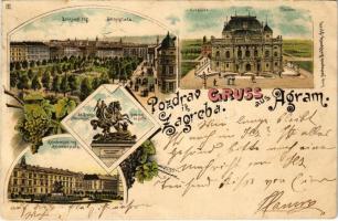 1898 Zagreb, Agram; Zrinjski trg, Akademijski trg, Spomenik sv. Jurja, Kazaliste / squares, monument, theatre. Leop. Hartmann Art Nouveau. floral, litho