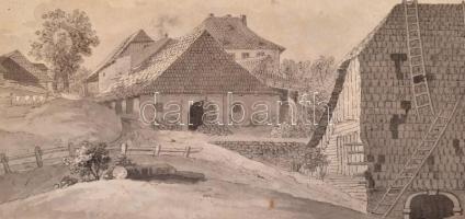 Jelzés nélkül: Falusi látkép, hátoldalán lovaskocsi (kétoldalas mű). Lavírozott tus, papír, bal szél...