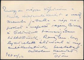 1948 Márffy Ödön (1878-1959) festőművész autográf levelezőlapja Gerő Ödönné Hermann Leonának, Gerő Ödön (1863-1939) irodalmi és művészeti író özvegyének, melyben megköszöni (születésnapjára írt) jókívánságokat mely eszembe juttatta a szép napokat a melyeket szegény Csinszka és Ödönünk társaságában töltöttünk